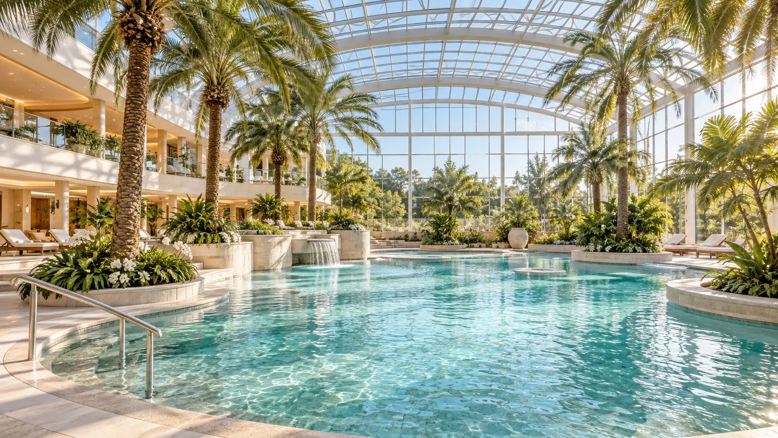 Beckenlandschaft der Therme Bad Wörishofen mit Palmen und Glasdach