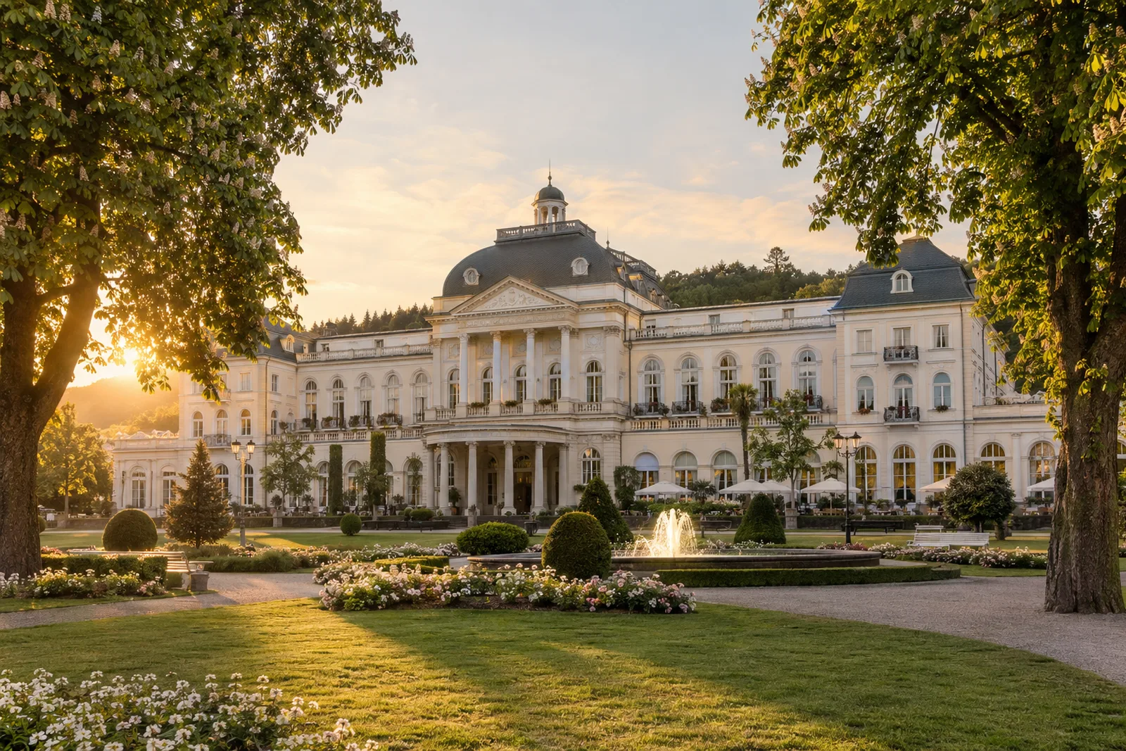 Das Palais Blanc in Bad Homburg, klassizistisches Kurhaus mit Springbrunnen im Kurpark bei Abenddämmerung