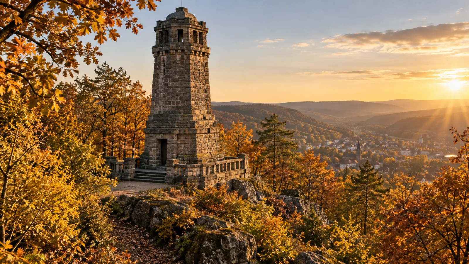 Der Bismarck-Turm über Bad Kissingen, umgeben von herbstlichem Wald