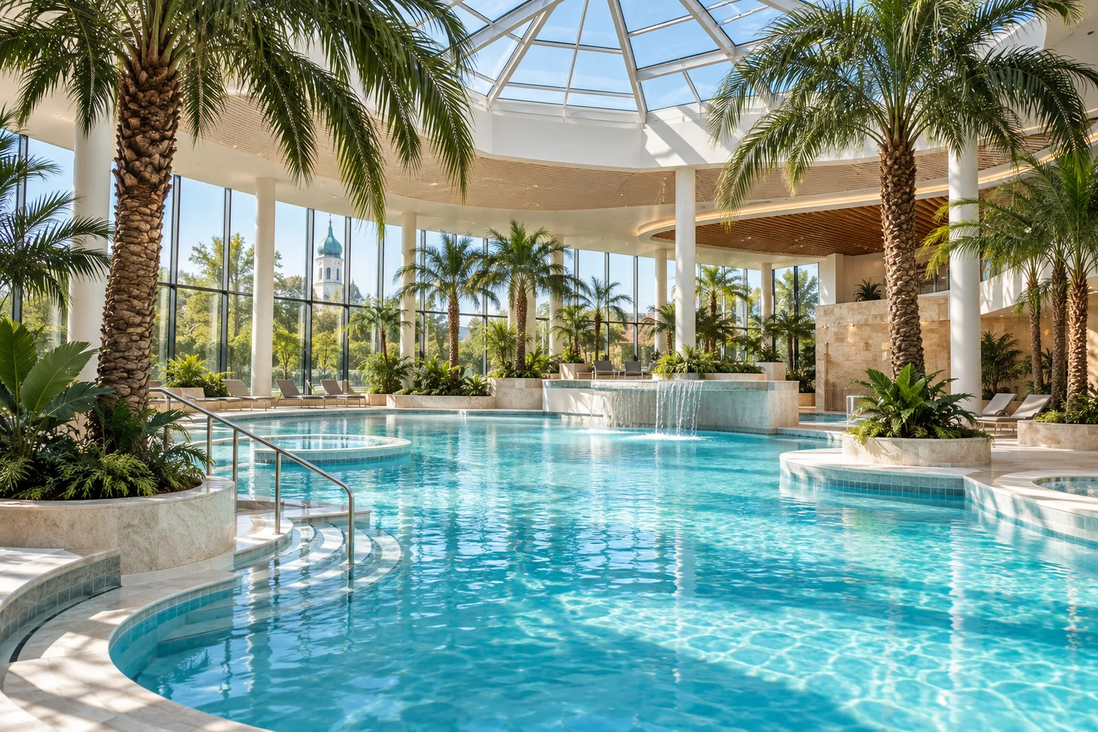 Beckenlandschaft der Therme Bad Wörishofen unter echten Palmen