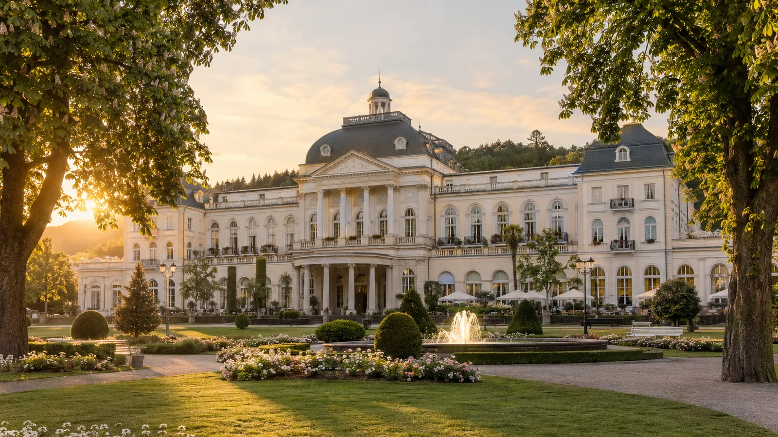 Das Palais Blanc in Bad Homburg, klassizistische Kurhaus-Fassade mit Springbrunnen im Abendlicht