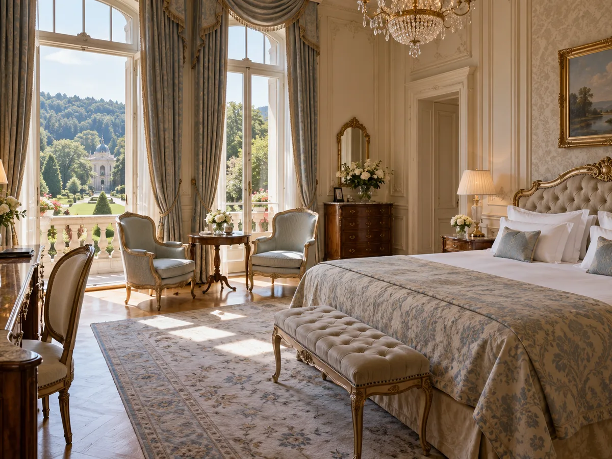 Elegantes Hotelzimmer im Palais Blanc mit Blick auf den Kurpark von Bad Homburg