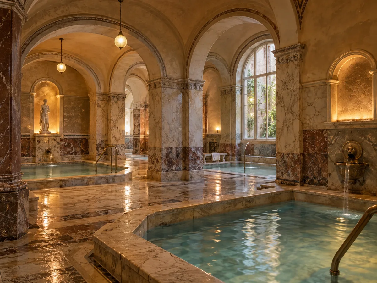 Historischer Baderaum im Friedrichsbad mit Marmorbecken und Rundbögen